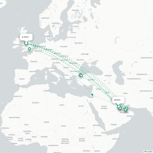 Mapa de vuelo directo Mánchester - Manama
