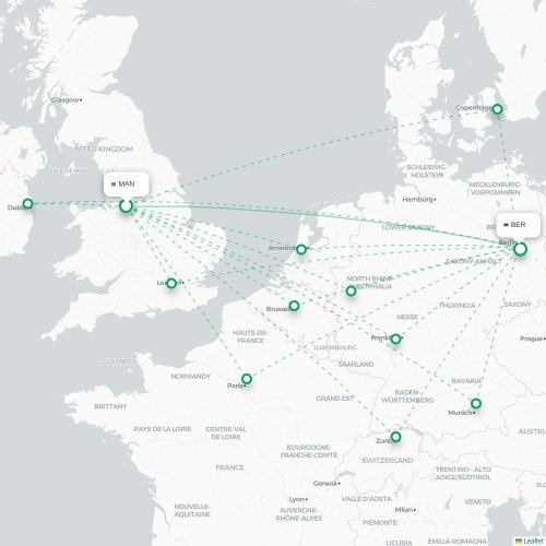 Mapa de vuelo directo Mánchester - Berlín