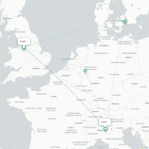 Mapa lotu bezpośredniego Manchester – Bergamo
