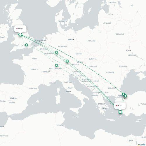 Mapa de vuelo directo Mánchester - Bodrum