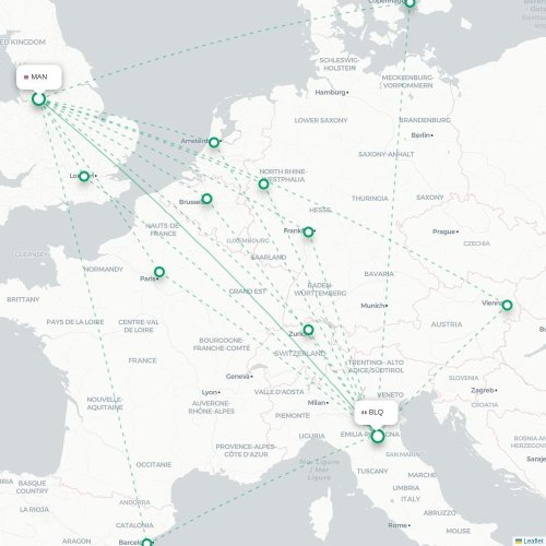 Mapa lotu bezpośredniego Manchester – Bolonia