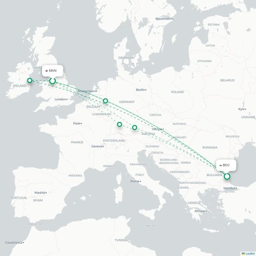 Mapa lotu bezpośredniego Manchester – Burgas