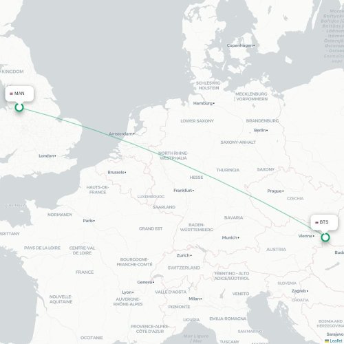 Manchester - Bratislava kort over direkte fly