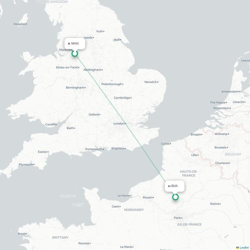 Mapa de vuelo directo Mánchester - París