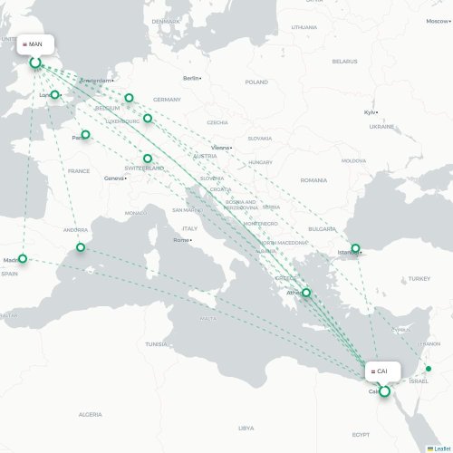 Mapa de vuelo directo Mánchester - El Cairo