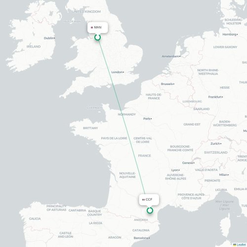 Mapa de vuelo directo Mánchester - Carcasona