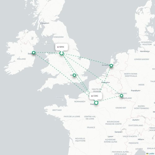 Mapa de vuelo directo Mánchester - París