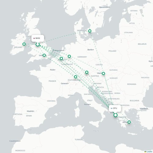 Mapa de vuelo directo Mánchester - Corfú, Corfú
