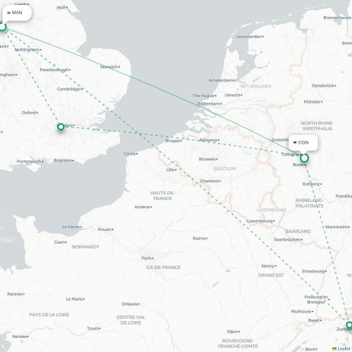 Mapa de vuelo directo Mánchester - Colonia
