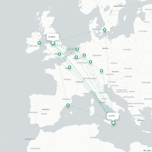 Mapa de vuelo directo Mánchester - Catania