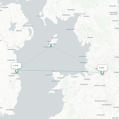 Mapa lotu bezpośredniego Manchester – Dublin