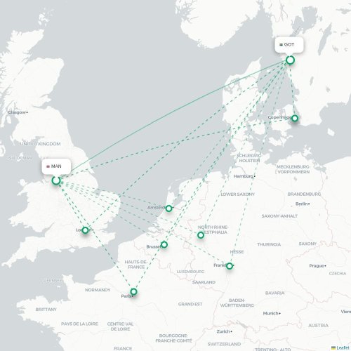 Mapa lotu bezpośredniego Manchester – Goteburg