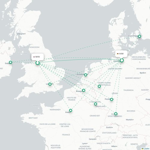 Mapa de vuelo directo Mánchester - Hamburgo