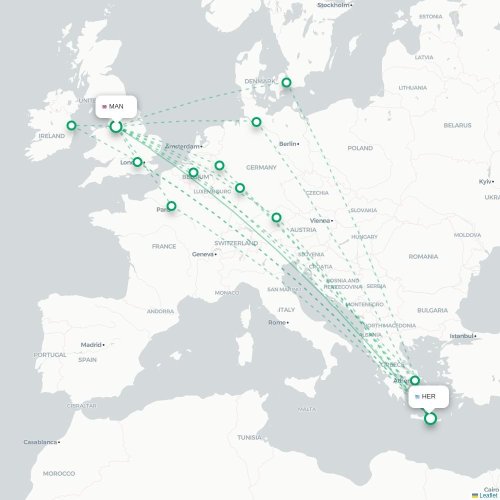 Mapa de vuelo directo Mánchester - Heraclión