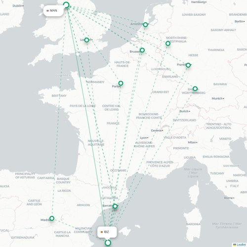 Mapa de vuelo directo Mánchester - Ibiza