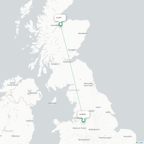 Mapa de vuelo directo Mánchester - Inverness