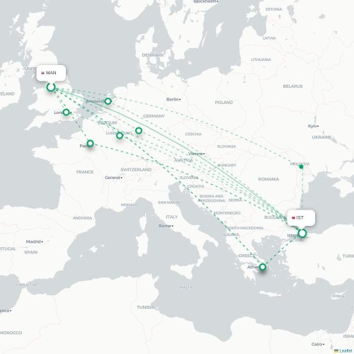 Mapa de vuelo directo Mánchester - Estambul