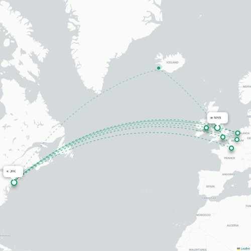 Mapa de vuelo directo Mánchester - Nueva York