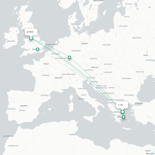 Mapa de vuelo directo Mánchester - Scíathos
