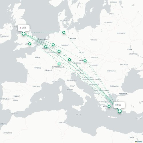Mapa de vuelo directo Mánchester - Kos