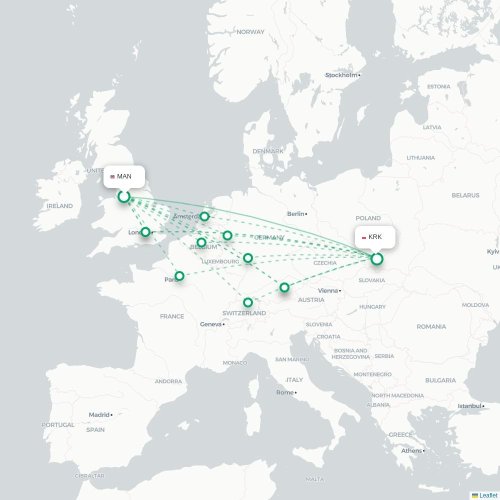 Mapa de vuelo directo Mánchester - Cracovia