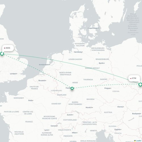 Mapa de vuelo directo Mánchester - Katowice