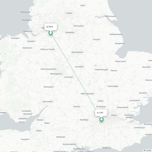 Mapa de vuelo directo Mánchester - Londres