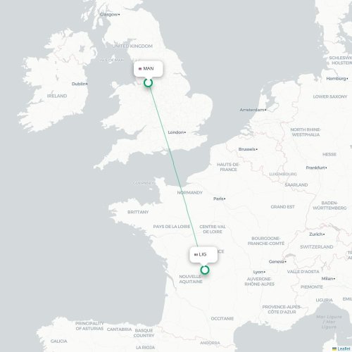 Mapa de vuelo directo Mánchester - Limoges
