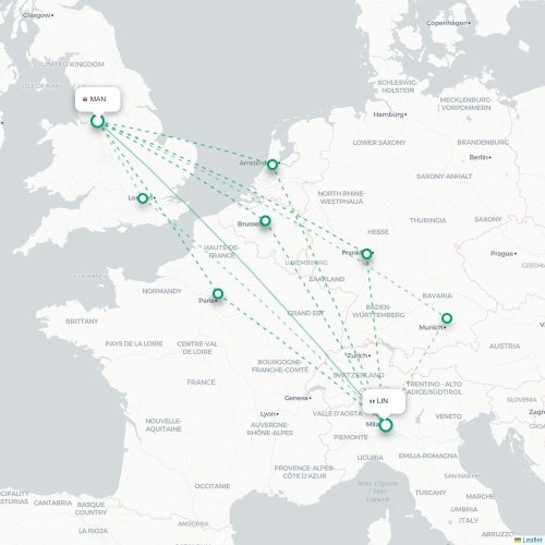 Mapa lotu bezpośredniego Manchester – Mediolan