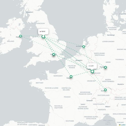 Mapa de vuelo directo Mánchester - Luxemburgo
