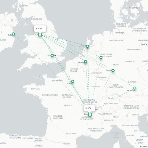 Mapa de vuelo directo Mánchester - Lyon