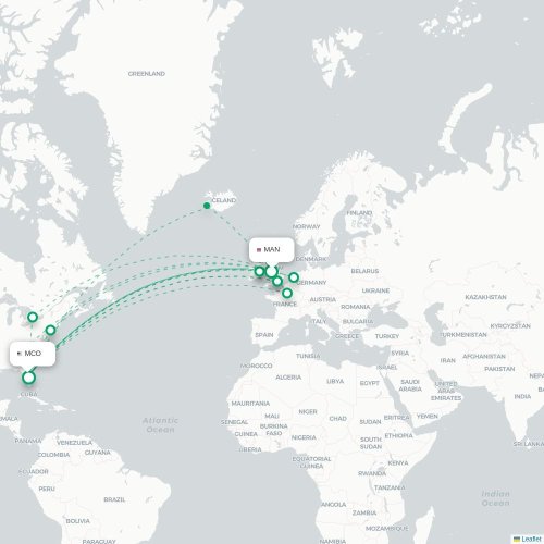 Mapa de vuelo directo Mánchester - Orlando