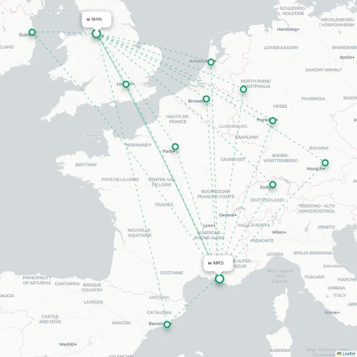 Mapa de vuelo directo Mánchester - Marsella
