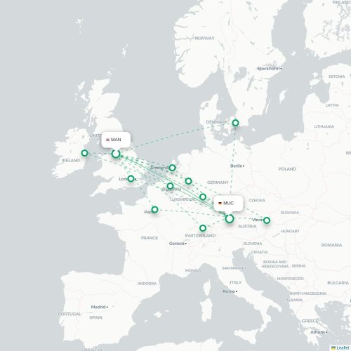 Mapa de vuelo directo Mánchester - Múnich