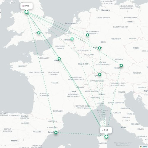 Mapa de vuelo directo Mánchester - Olbia
