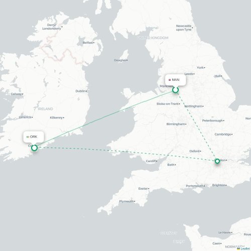 Mapa lotu bezpośredniego Manchester – Cork