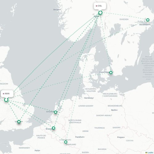 Mapa de vuelo directo Mánchester - Oslo