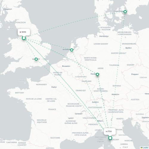 Mapa lotu bezpośredniego Manchester – Piza