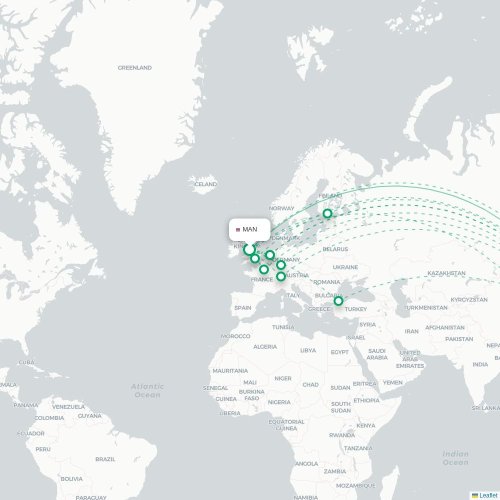 Mapa lotu bezpośredniego Manchester – Szanghaj