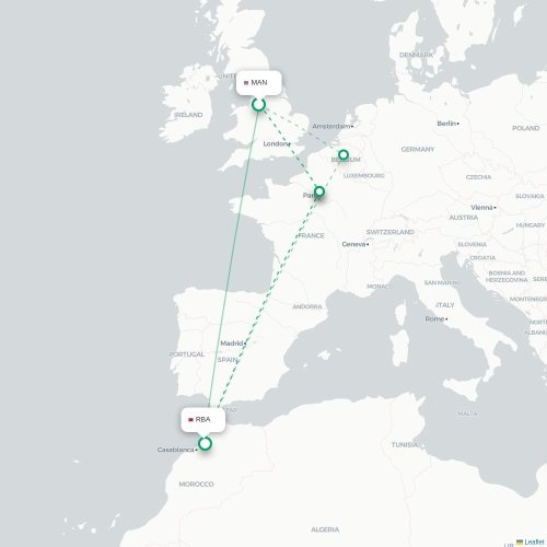Mapa de vuelo directo Mánchester - Rabat