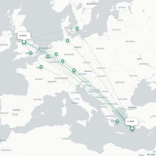 Mapa de vuelo directo Mánchester - Rodas