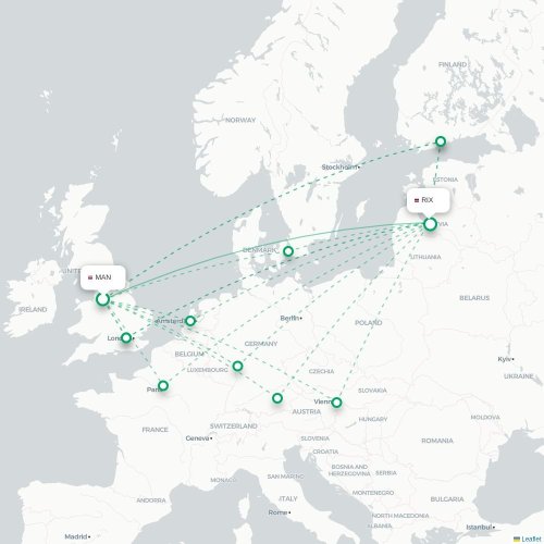 Manchester - Riga karta över direktflyg