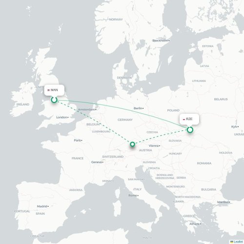 Mapa lotu bezpośredniego Manchester – Rzeszów