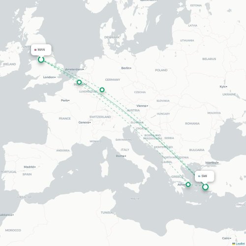 Mapa de vuelo directo Mánchester - Samos