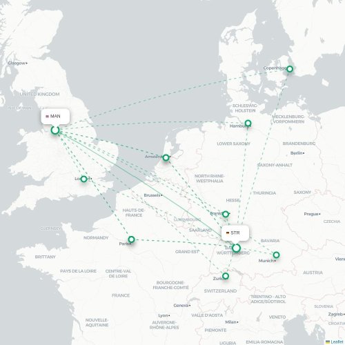 Mapa de vuelo directo Mánchester - Stuttgart