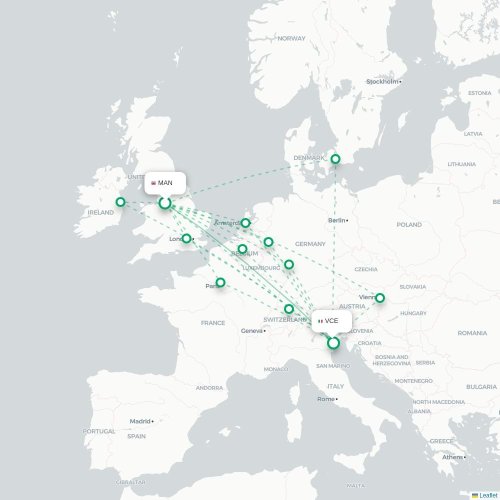 Mapa lotu bezpośredniego Manchester – Wenecja