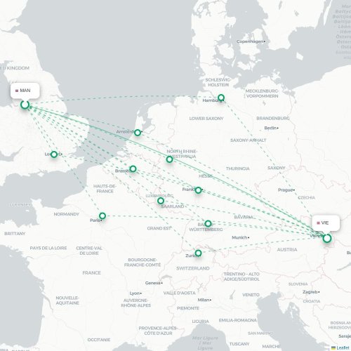 Manchester - Wien karta över direktflyg