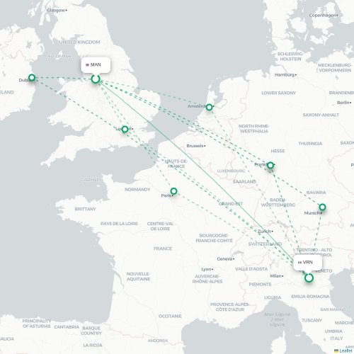 Mapa de vuelo directo Mánchester - Verona