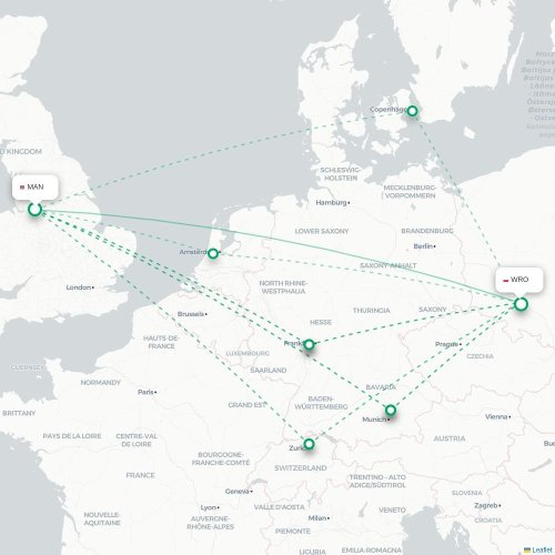 Mapa lotu bezpośredniego Manchester – Wrocław
