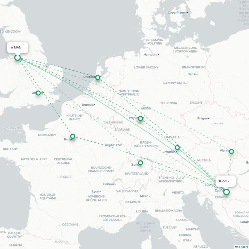 Mapa lotu bezpośredniego Manchester – Zagrzeb